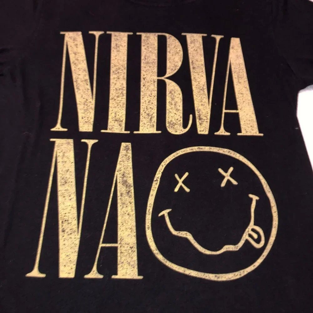 Nirvana Black T-Shirt Sz S Short Sleeve Grunge Rock Happy Face Large Logo Cotton - Picture 2 of 3